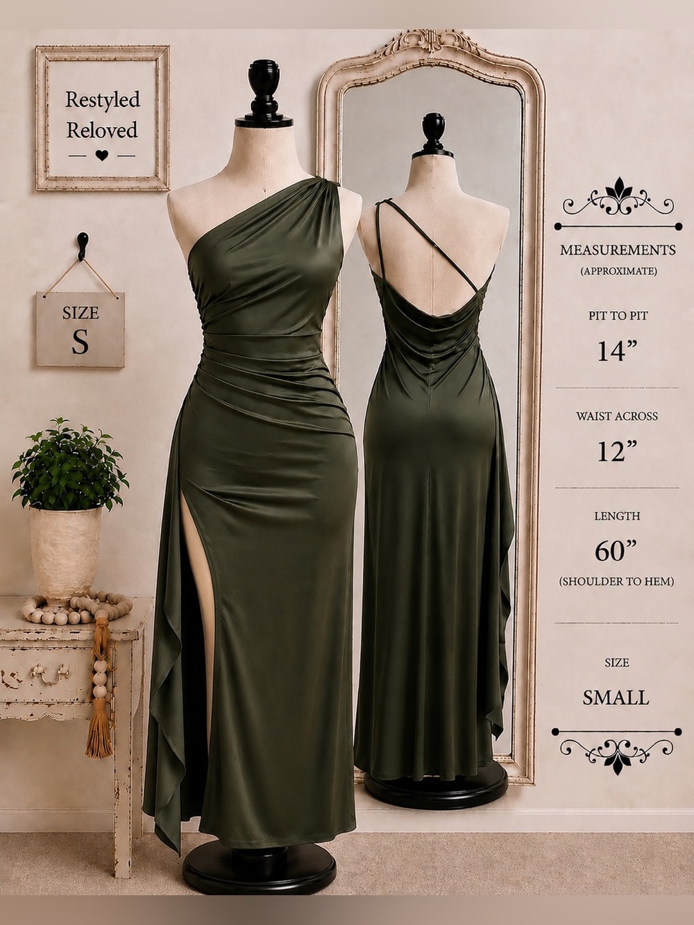 NWT OYS One-Shoulder Satin Maxi Dress – Army Green | Size Small